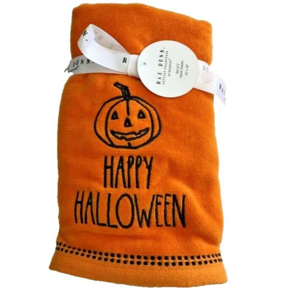 Rae Dunn Happy Halloween Hand Towels Orange Embroidered Pumpkin Cotton Set of 2